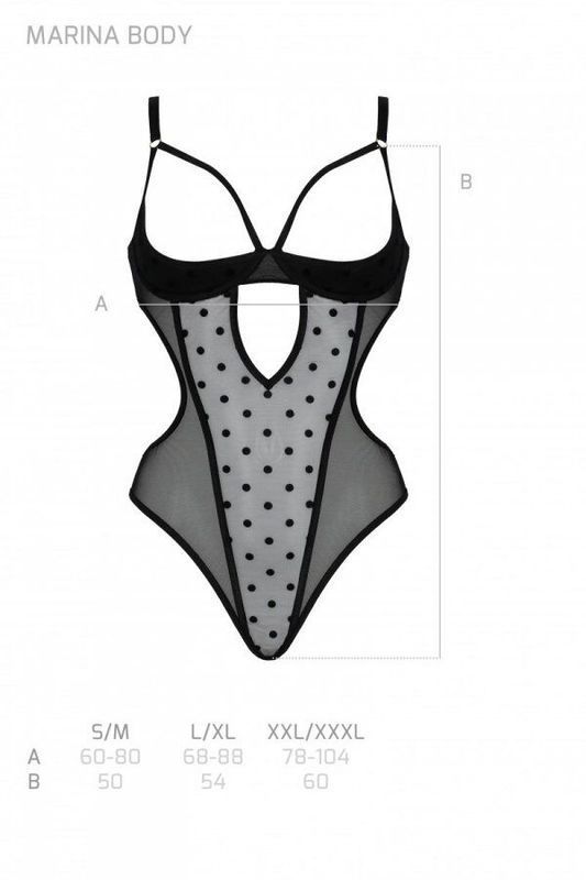Эротическое боди Passion MARINA BODY, XXL/XXXL, black, с открытыми чашками реальная фотография