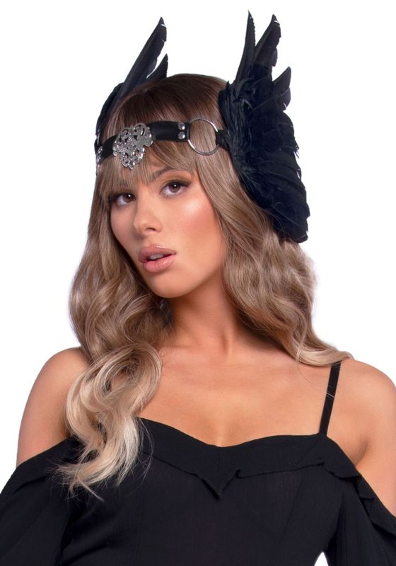 Пов’язка на голову з крилами Leg Avenue Feather headband Black, пір’я та натуральна шкіра жива фотографія