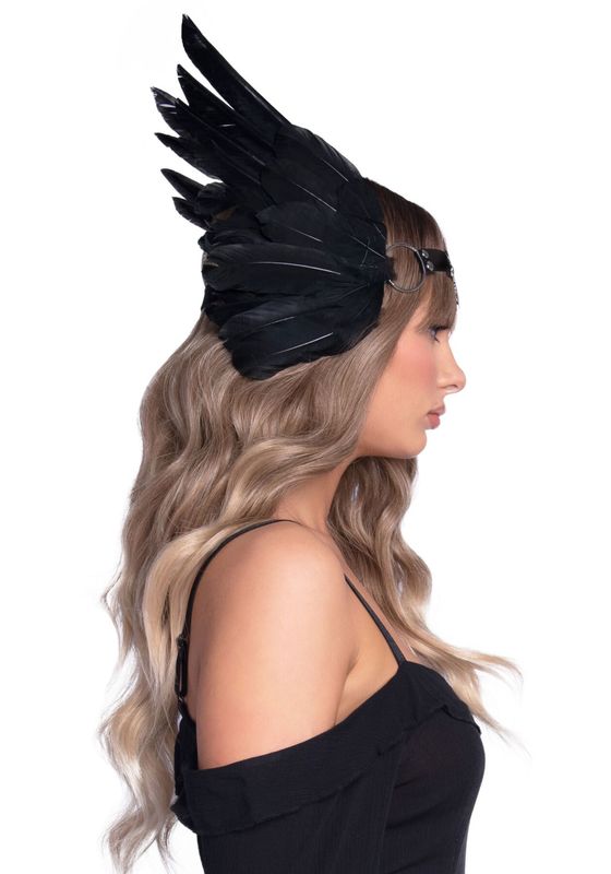 Повязка на голову с крыльями Leg Avenue Feather headband Black, перья и натуральная кожа реальная фотография