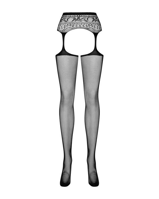 Сетчатые чулки-стокинги с кружевным поясом Obsessive Garter stockings S307 S/M/L, черные, имитация г реальная фотография