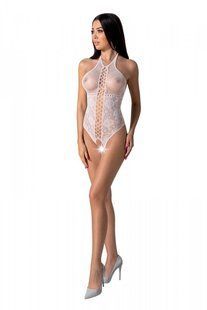 Бодістокінг з імітацією корсетної шнурівки Passion BS094 One Size, white, квітковий візерунок, з дос жива фотографія