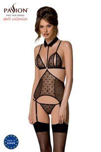 Корсет з відкритими грудьми Passion DOMINICA CORSET S/M black, пажі для панчіх, стрінги жива фотографія