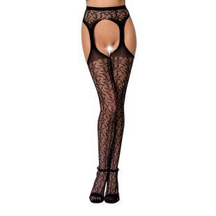 Мереживні колготки-бодістокінги Passion S014 One Size, Black, імітація панчіх та пояса з гартерами жива фотографія
