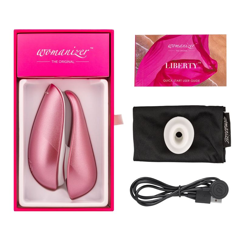 Вакуумный клиторальный стимулятор Womanizer Liberty Pink, магнитная крышка, 2 насадки реальная фотография
