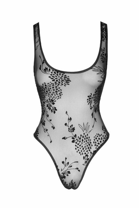 Боди Noir Handmade F242 Tulle body with patterned flock embroidery, M реальная фотография