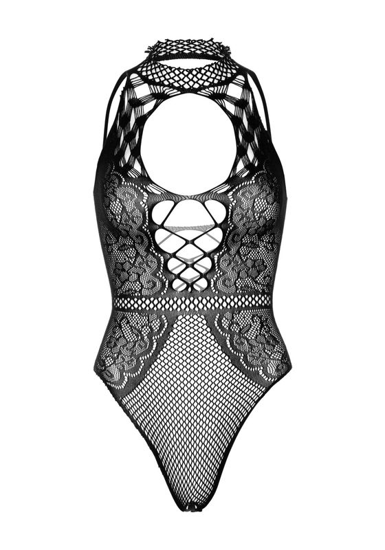 Leg Avenue Net and lace halter bodysuit OS Black реальная фотография