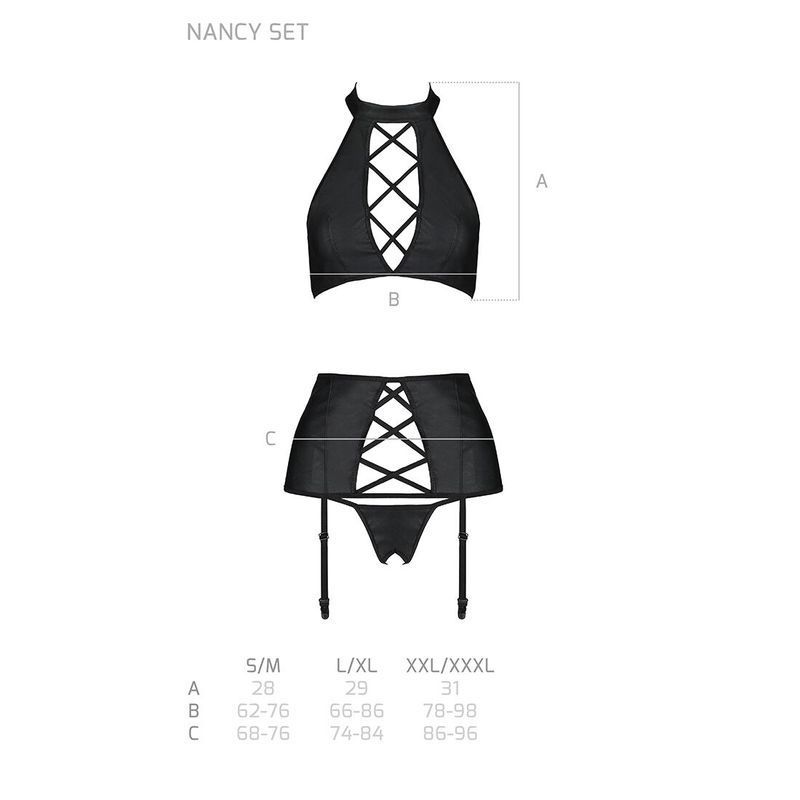 Комплект з еко-шкіри імітація шнурівки Passion NANCY SET XXL/XXXL black топ трусики пояс для панчіх жива фотографія