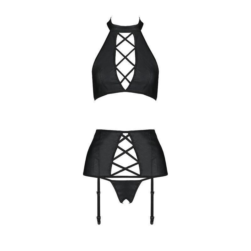 Комплект з еко-шкіри імітація шнурівки Passion NANCY SET XXL/XXXL black топ трусики пояс для панчіх жива фотографія