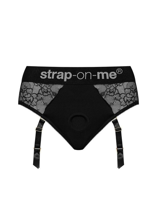 Кружевные трусы для страпона с подвязками для чулок Strap-On-Me DIVA HARNESS, S реальная фотография