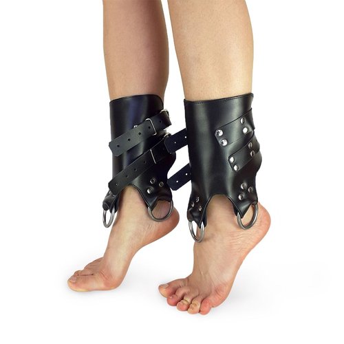 Поножі манжети для подвіса за ноги Leg Cuffs, натуральна шкіра, колір чорний жива фотографія
