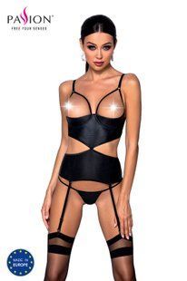 Корсет з відкритими грудьми Passion JANNIES CORSET XXL/XXXL black, стрінги в наборі жива фотографія
