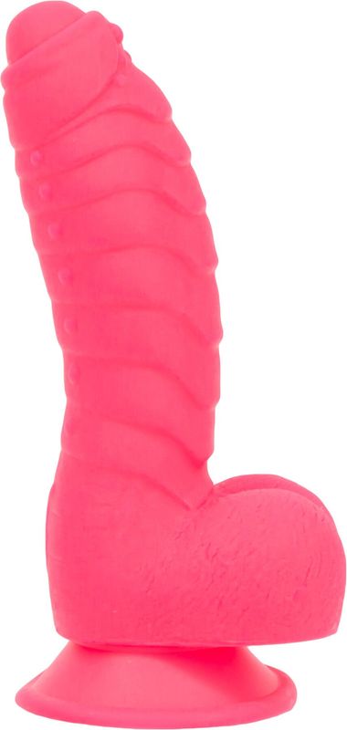 Ребристый фаллоимитатор на присоске ADDICTION — Tom 7″ Dildo With Balls — Pink, вибропуля в подарок реальная фотография